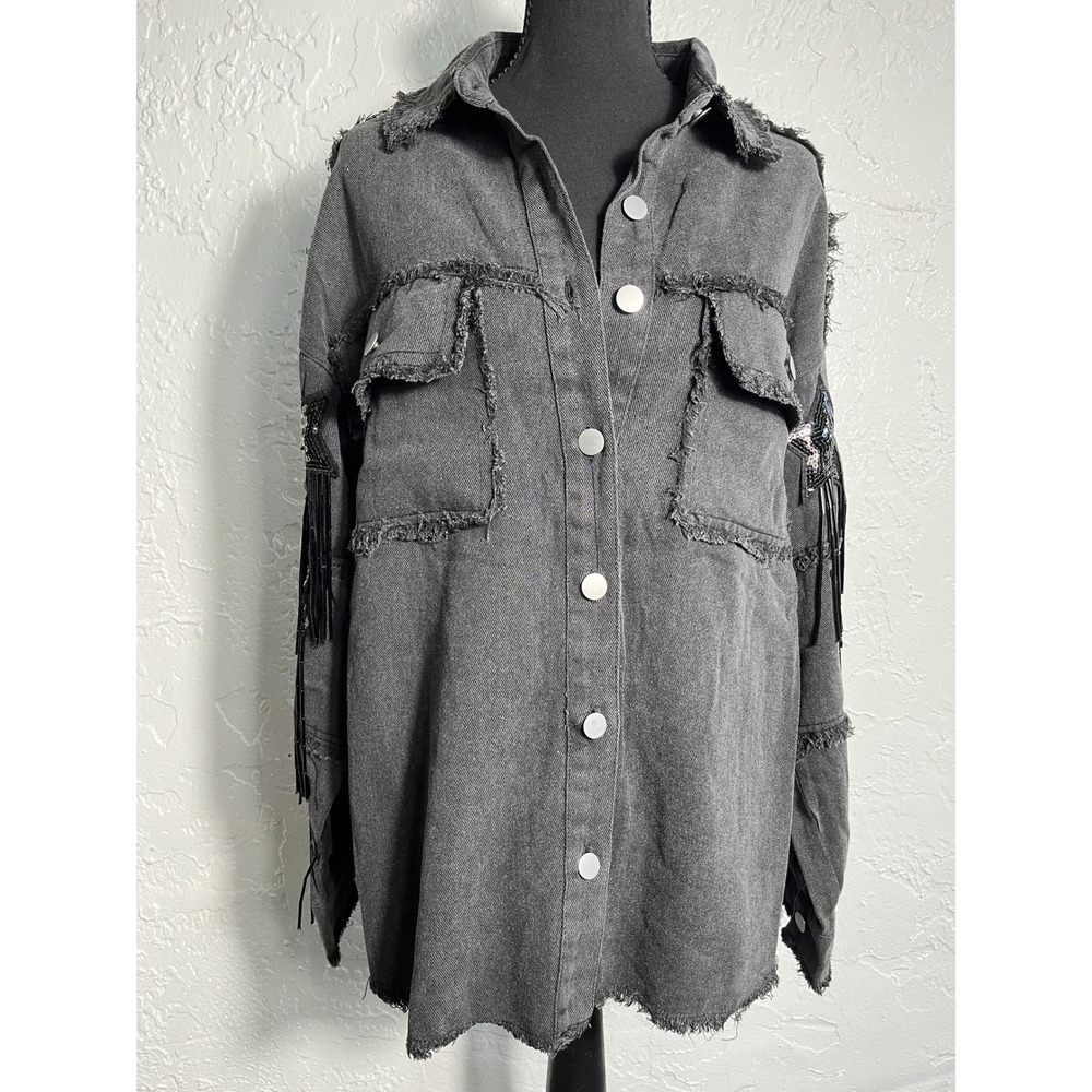 BlueVelvet Black Denim Shacket S Sequin Star Fringe Western Oversized Jacket
